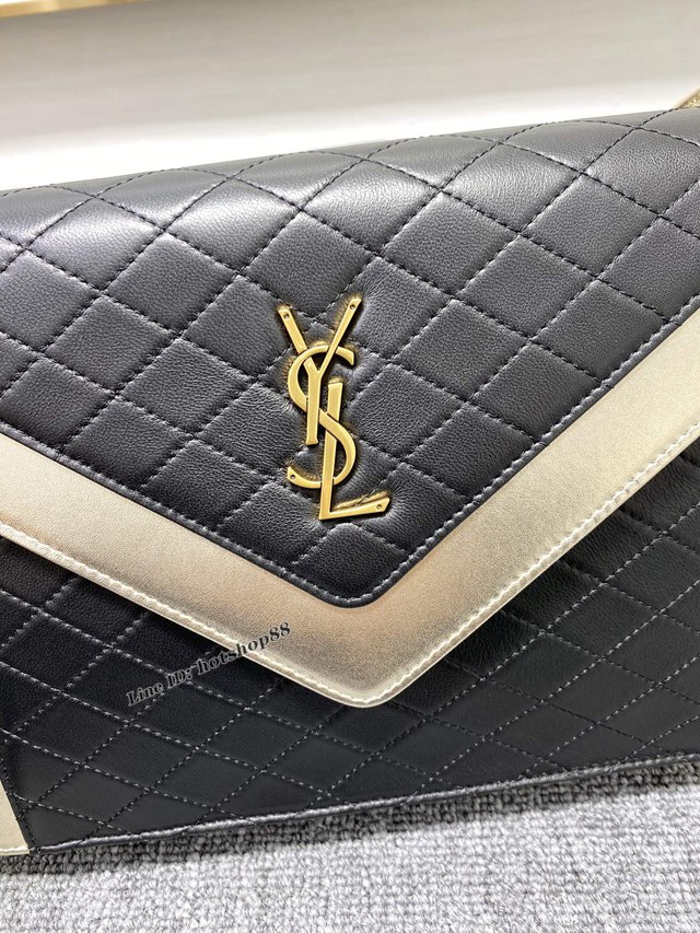 YSL專櫃新款拼色單肩斜挎女包 聖羅蘭黑配金小羊皮菱格紋信封包 668863 blys1285